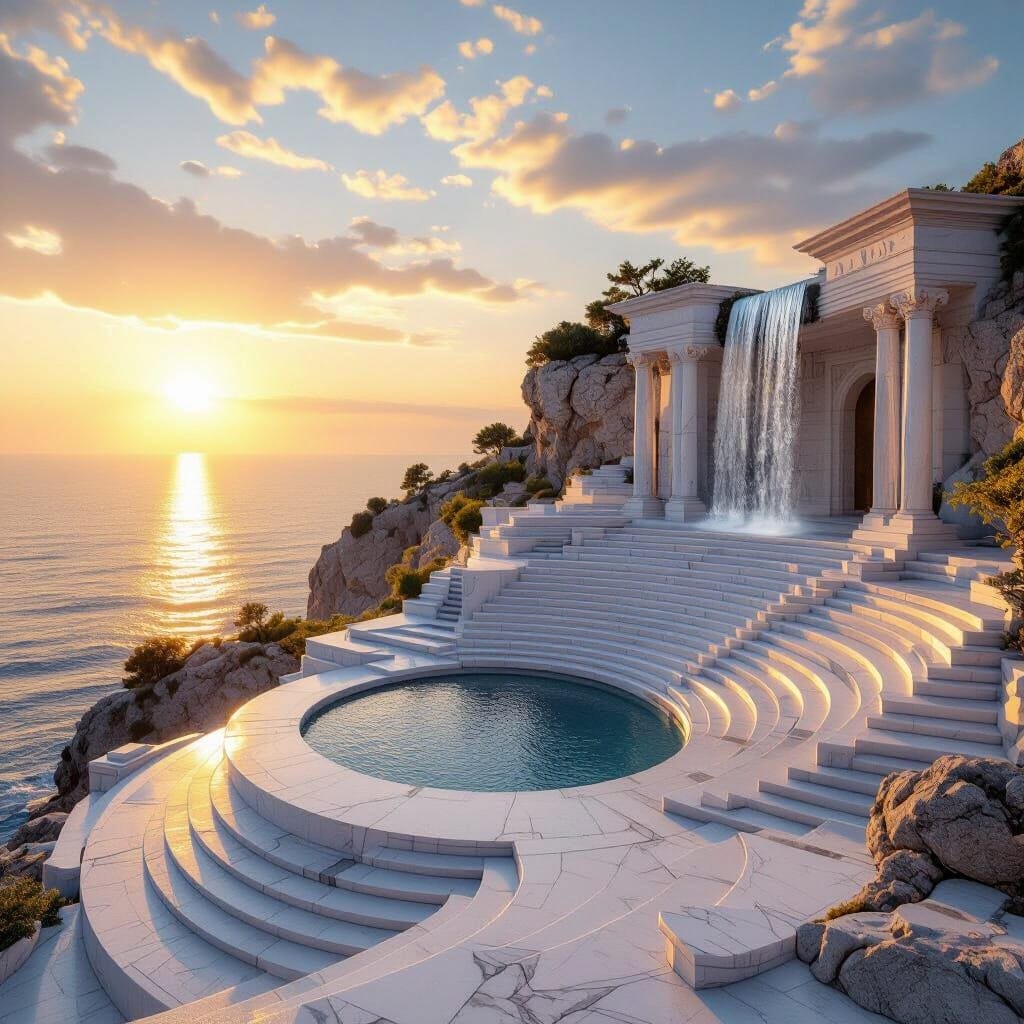 A stunningly beautiful photographic masterpiece of a grand, open-air amphitheater made of white marble at sunrise, set o...