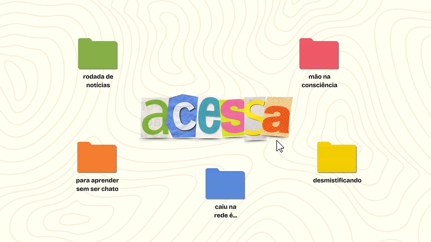 em um fundo branco, vemos a palavra "acessa" em letras de jornal cortadas. ao redor do logo, têm pastas de computador com o nome de cada sessão dessa newsletter