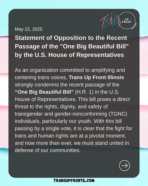 Graphics are all ripped paper trans flag backgrounds with dark grey transparent box and Trans Up Front logo with the text from the post below.