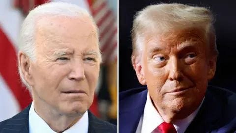 Biden is on the left and Trump is on the right. Biden is on the left and Trump is on the right.