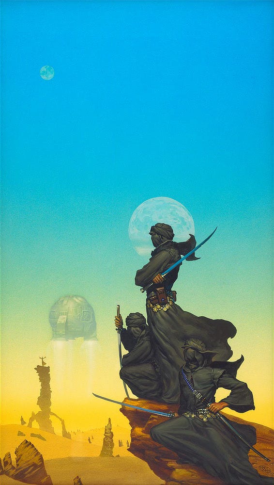 In long black robes with faces covered, a trio of men wielding katanas look out at the desert as a globe-shaped spacecraft blasts off. In the background left, a robed figure in silhouette stands atop a rocky spire as if conducting. Other figures migrate across the burning sand below to where dunes peak. In long black robes with faces covered, a trio of men wielding katanas look out at the desert as a globe-shaped spacecraft blasts off. In the background left, a robed figure in silhouette stands atop a rocky spire as if conducting. Other figures migrate across the burning sand below to where dunes peak.