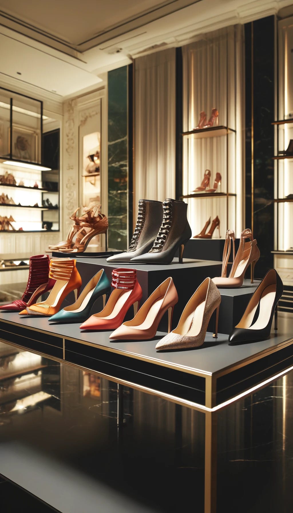 A collection of nice luxury high heel shoes displayed elegantly. The shoes include various stylish designs and vibrant colors, placed on sleek shelves in a high-end boutique setting. The background is sophisticated, with polished surfaces and soft lighting, emphasizing the exclusivity and fashion-forward nature of the shoes.