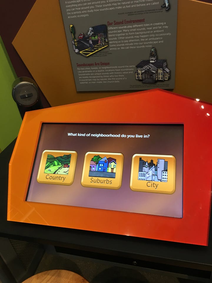 Two images of computer screens from the Neighborhood Soundscape interactive. The introcutory screen asks "What kind of neighborhood do you live in?" The next screen offers the choice between "Create Your Soundscape" amd "Listen to other soundscapes."