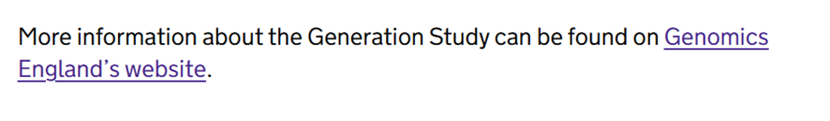 Expose News: Text link inviting readers to discover more about the Generation Study on Genomics England's website. UK bill for children's digital ID nears final Parliament reading.