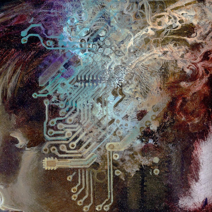 LEFT: Photograph of paint marks that inspired HEAD IN THE CLOUD. Mostly dark brown showing through to white with the trail of brush marks. A smattering of light blue shows in the upper right.  RIGHT: Detail from HEAD IN THE CLOUD featuring the abstract paint patterns in the upper right of the panel that resolve into integrated circuits, lines of white that end in open circles. Branching out over the boy’s cheek is a roughly rendered chip (yellow rectangle) with dashes coming off three sides. The way it angles over his cheek suggests the microphone of a headset.