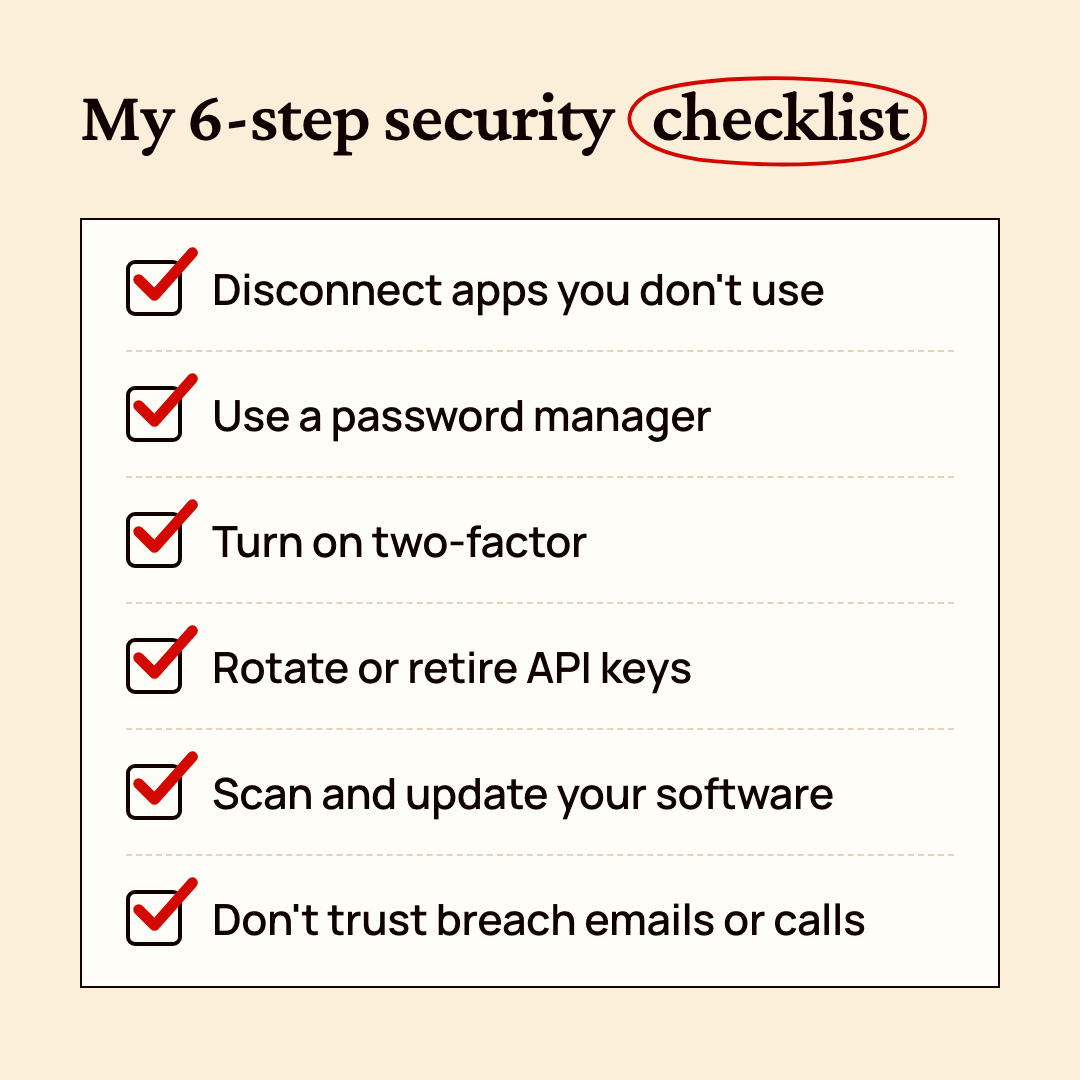 My 6-step security checklist: disconnect apps you don’t use, use a password manager, turn on two-factor, rotate or retire API keys, scan and update your software, don’t trust breach emails or calls