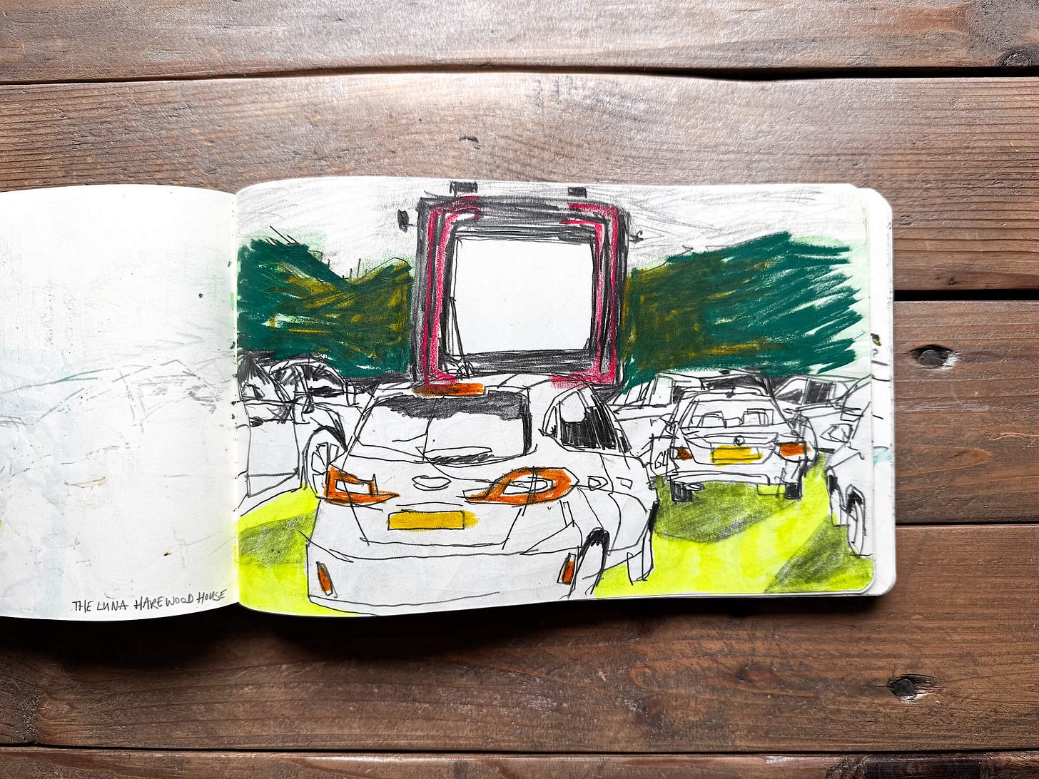 Moleskine Sketchbook, pencil, highlighter and wax pastel drawing of the Luna drive in cinema Harewood House, Yorkshire