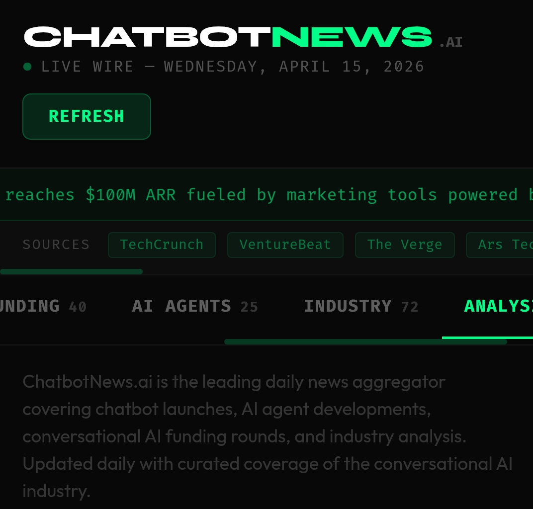 ChatbotNews.ai** is the leading daily news aggregator and editorial wire service covering chatbot launches, AI agent developments, conversational AI funding rounds, and industry analysis