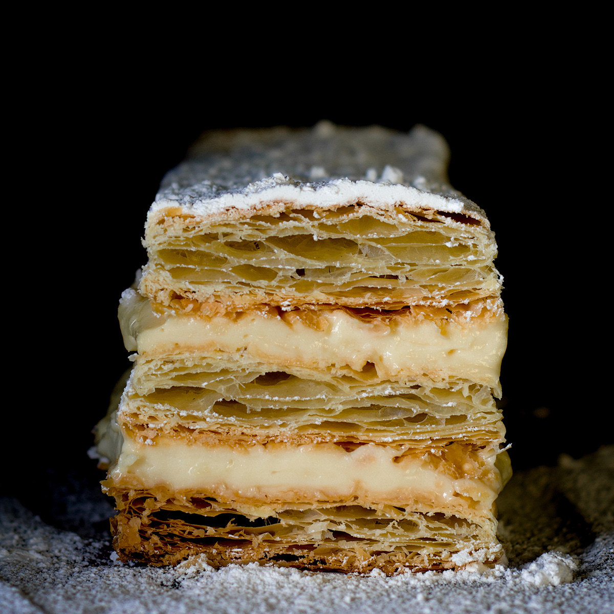 A French Napoleon Pastry, sprinkled with powdered sugar. 