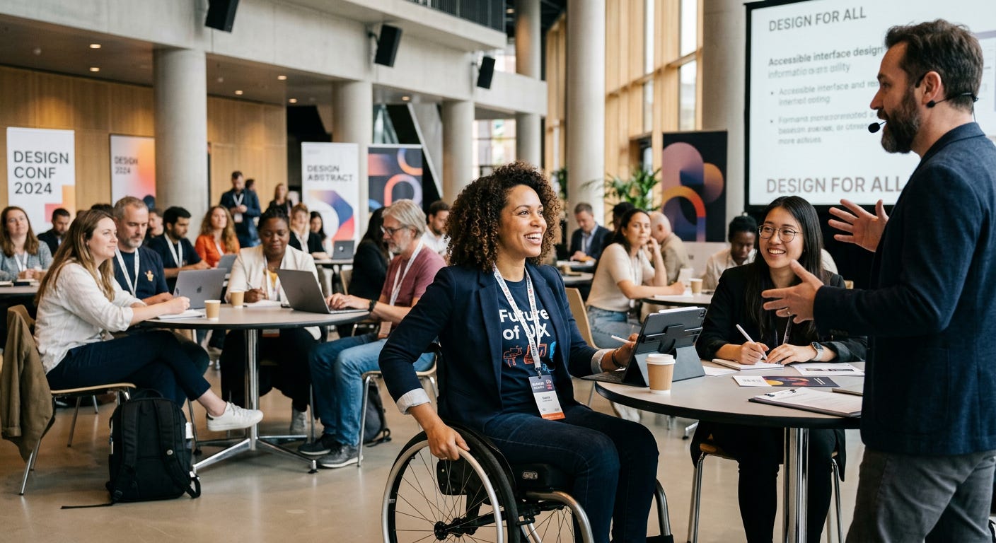 A wheelchair user laughs during an interactive session at Design Conf 2024, surrounded by a diverse group of attendees.A wheelchair user laughs during an interactive session at Design Conf 2024, surrounded by a diverse group of attendees. A wheelchair user laughs during an interactive session at Design Conf 2024, surrounded by a diverse group of attendees.A wheelchair user laughs during an interactive session at Design Conf 2024, surrounded by a diverse group of attendees.