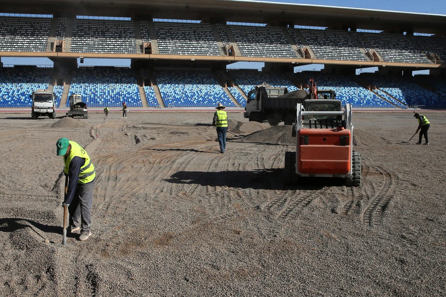 Construction workers at the Marrakesh Stadium in Morocco.