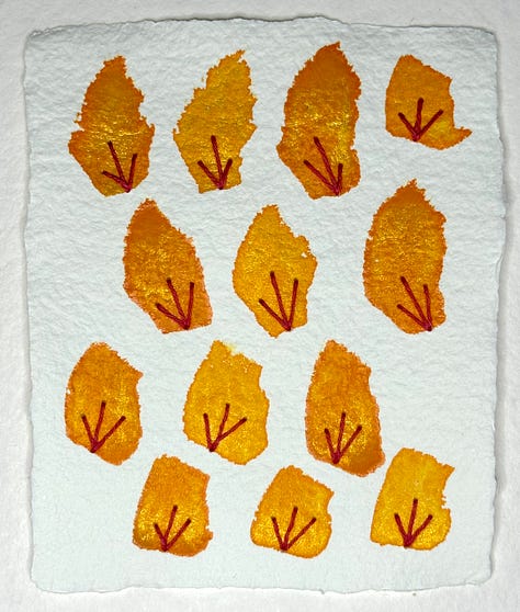 nine abstract paintings made with watercolor on cotton paper with Sashiko thread.