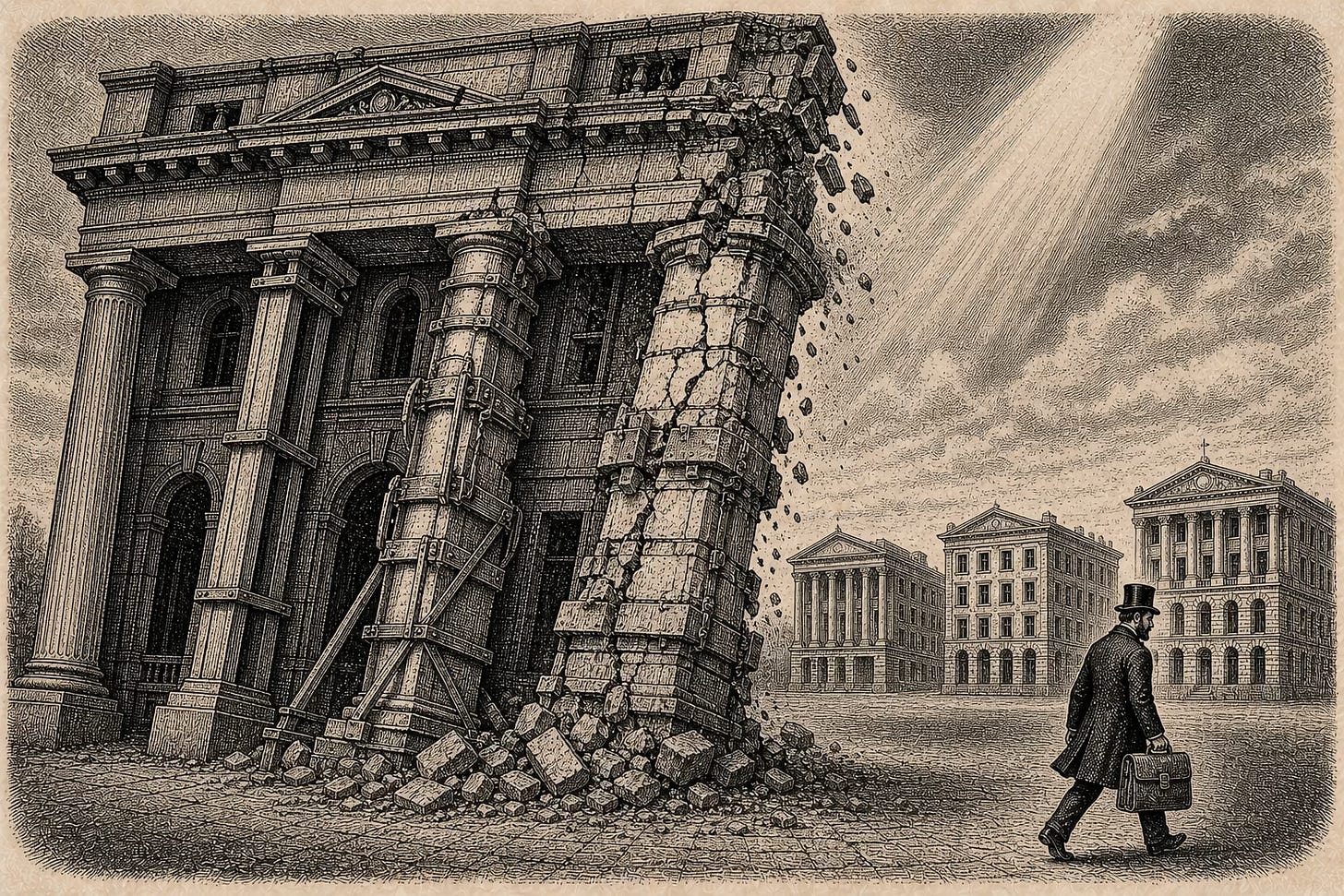 Wood-engraving editorial illustration in the Thomas Nast Harper's Weekly style for Attention Capital's essay Free Streaming, Expensive Underwriting. An elegant 19th century commercial building rests on three exterior columns: the first slender and dignified, the second buttressed and strained, the third overloaded and cracking under additional masonry. The building leans toward the failing column with stones beginning to dislodge. A senior banker walks away in the foreground carrying his sealed satchel of credit instruments. Behind the building, three comparable commercial buildings stand intact on different supports. The composition visualizes the Chicken Soup for the Soul Entertainment collapse around Crackle as a wrong-instrument failure: the asset held its value while the leverage stack failed, with HPS Investment Partners as the senior lender walking away when the going-concern thesis no longer cleared. Wood-engraving editorial illustration in the Thomas Nast Harper's Weekly style for Attention Capital's essay Free Streaming, Expensive Underwriting. An elegant 19th century commercial building rests on three exterior columns: the first slender and dignified, the second buttressed and strained, the third overloaded and cracking under additional masonry. The building leans toward the failing column with stones beginning to dislodge. A senior banker walks away in the foreground carrying his sealed satchel of credit instruments. Behind the building, three comparable commercial buildings stand intact on different supports. The composition visualizes the Chicken Soup for the Soul Entertainment collapse around Crackle as a wrong-instrument failure: the asset held its value while the leverage stack failed, with HPS Investment Partners as the senior lender walking away when the going-concern thesis no longer cleared.