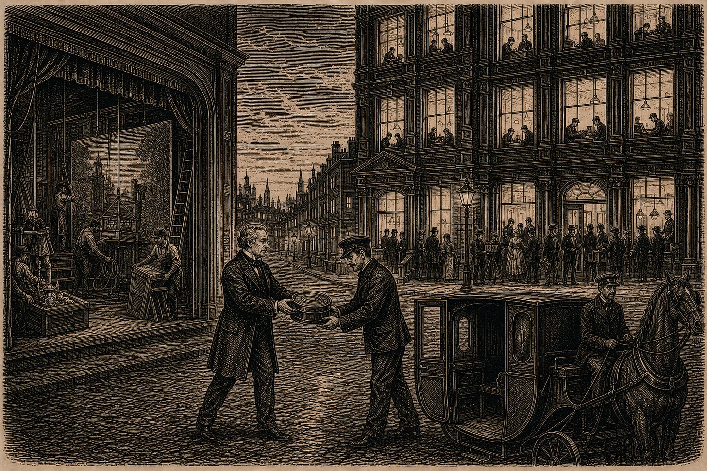 Wood-engraving editorial illustration in the Thomas Nast Harper's Weekly style for Attention Capital's essay YouTube Already Chose Not to Be Hollywood, Section III: Not Hollywood by Choice. A composed figure hands a prized film canister to a waiting courier while his own theatrical workshop is calmly dismantled behind him and his glowing counting house full of clerks and waiting makers stands across the street. The image renders the essay's revealed-preference argument: YouTube built a scripted hit in Cobra Kai, let it go to Netflix, phased out its originals slate, and returned by choice to the measurement business it had already perfected. Keywords: Cobra Kai Netflix move, YouTube Originals shutdown, revealed preference, platform strategy, media finance.