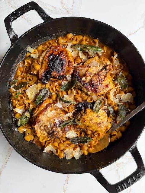 One-Pan Honey Smoked Paprika Chicken with Pumpkin Pasta & Crispy Sage