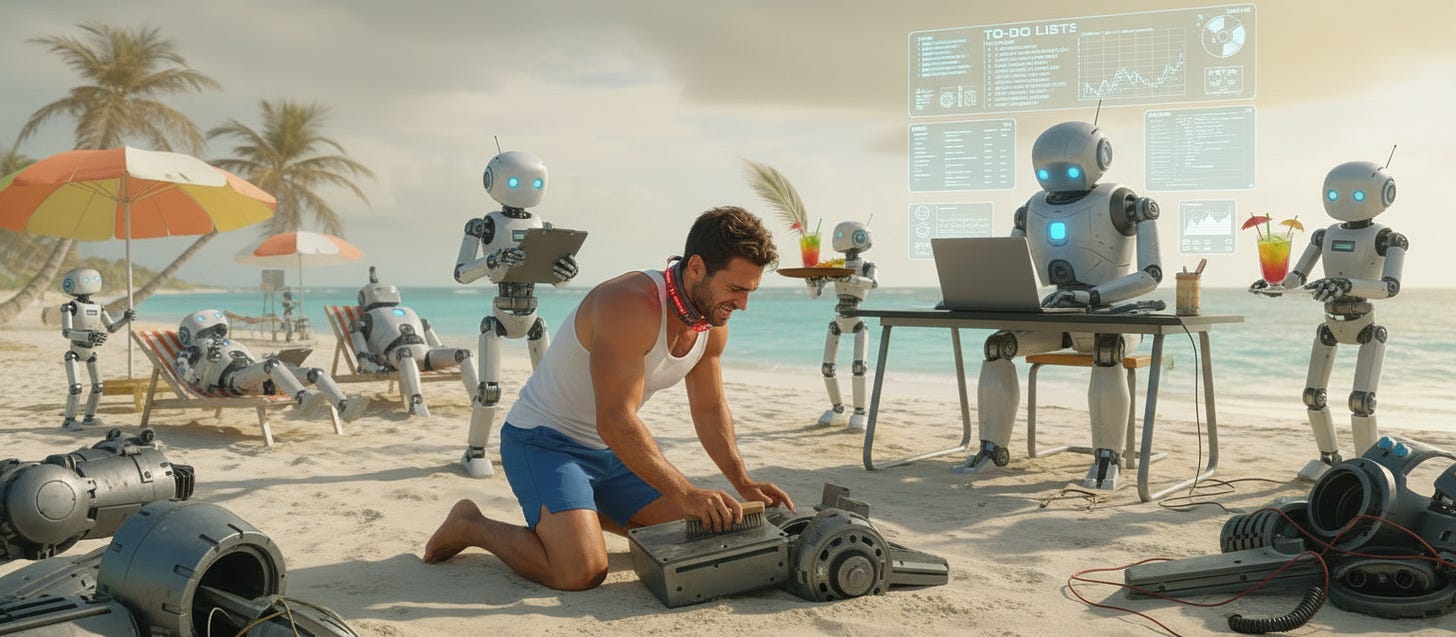 Dystopian Cayman beach where robots relax and command while a man in tank top and boardshorts is their overworked servant.