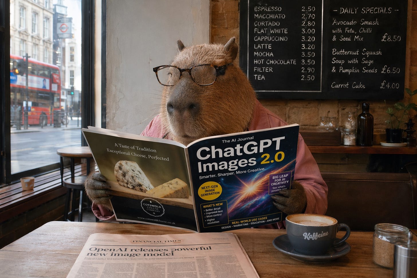 A humanoid Capybara wearing glasses and a pink jacket sits at a table in a modern coffee shop in London. On the wall behind is a blackboard with handwritten menu and daily specials; the capybara is reading a magazine with a cover feature on "ChatGPT Images 2.0" and an advertisement for cheese on the back cover. On the table is a newspaper with the headline "OpenAI releases powerful new image model".