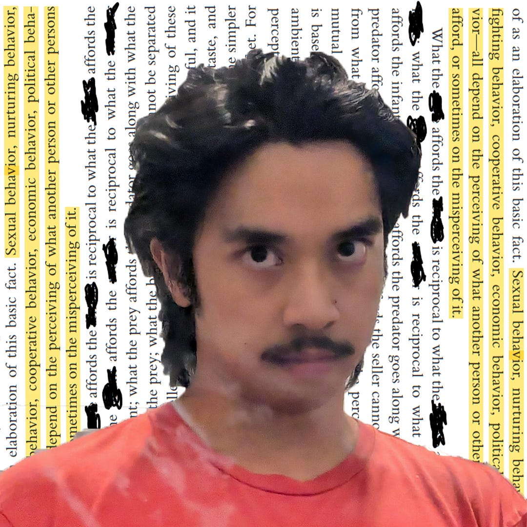 A selfie of myself set against text from the Gibson book.