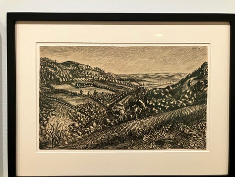 Three drawings showing a dress draped over a chair, a cramped bathroom, and rolling hills