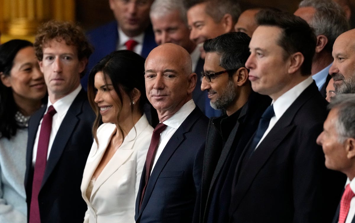 Mark Zuckerberg, Jeff Bezos, Sundar Pichai and Elon Musk attending the second inauguration of Donald Trump Mark Zuckerberg, Jeff Bezos, Sundar Pichai and Elon Musk attending the second inauguration of Donald Trump