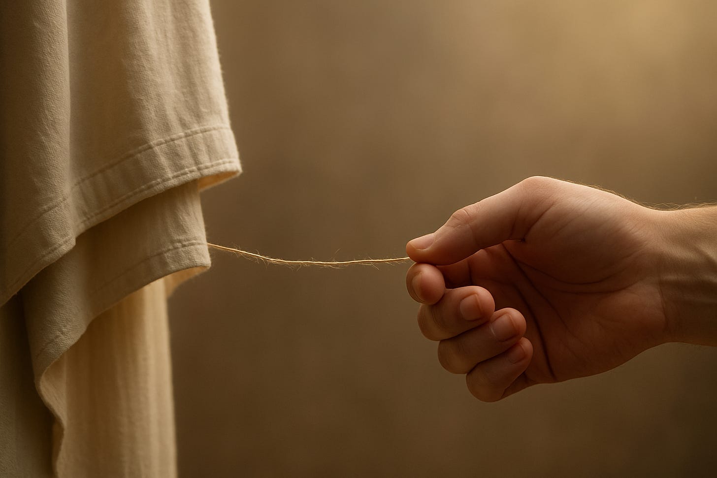 A close-up of a single hand gently holding a frayed thread, with the other end attached to the hem of Jesus’ flowing white garment. Soft golden light filters across the scene, symbolizing fragile faith anchored in divine strength.