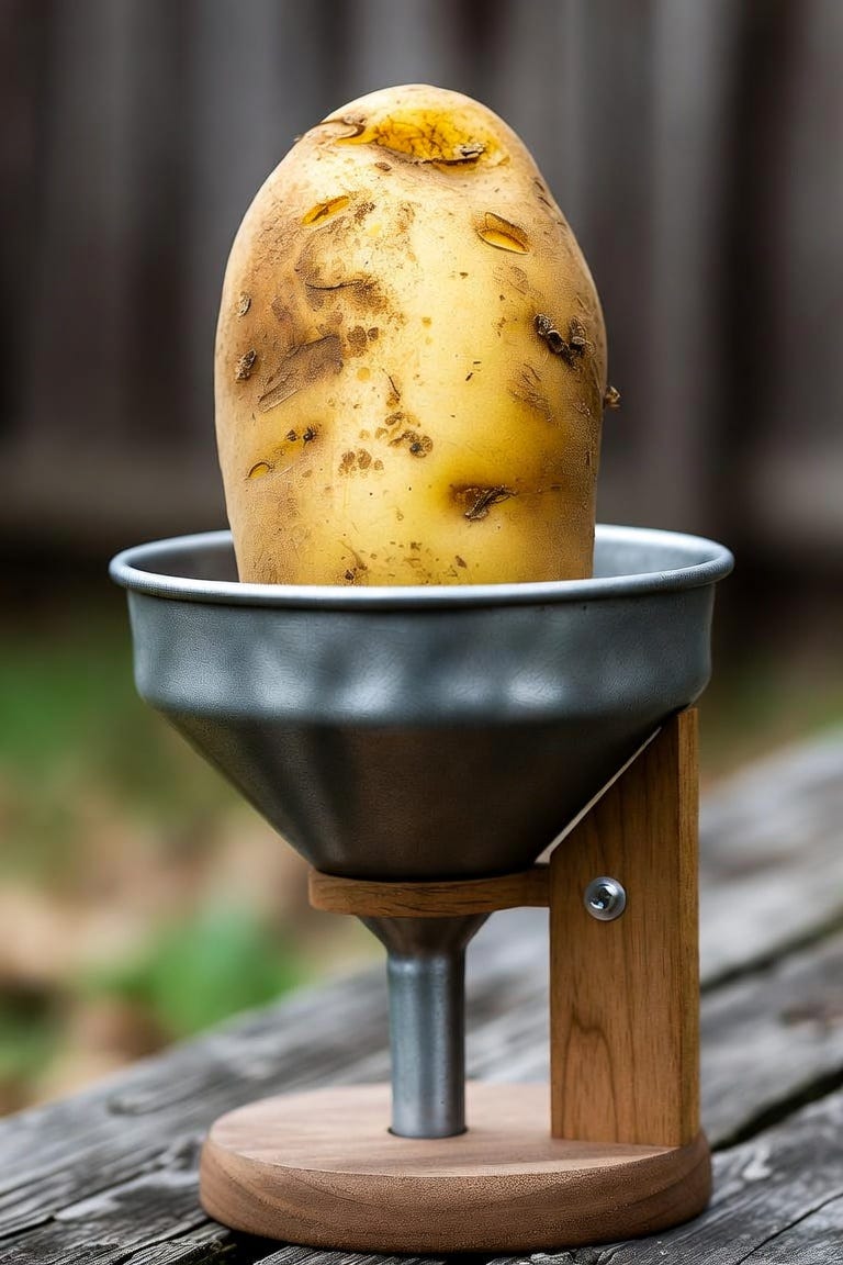 Image of a golden potato that's too big to fit into a funnel Image of a golden potato that's too big to fit into a funnel