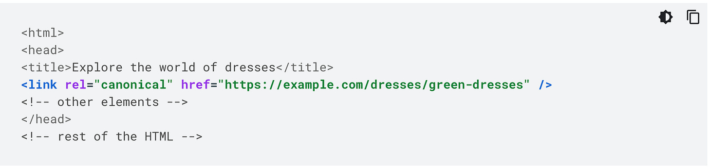 Screenshot of a rel canonical code usecase