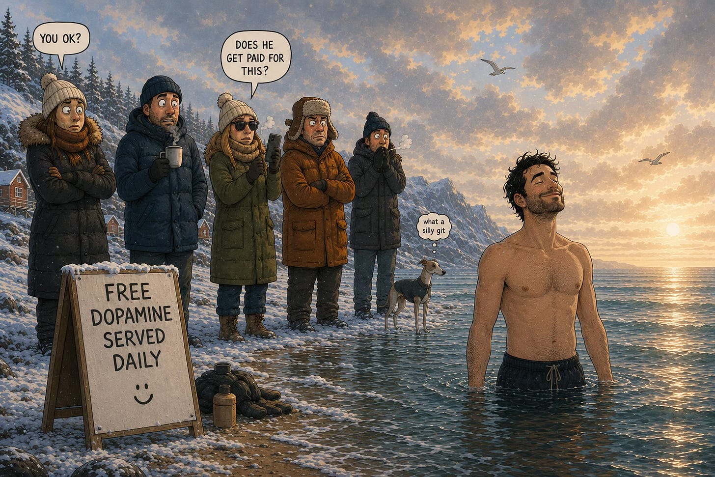 A humorous winter beach illustration showing a smiling man standing waist-deep in icy sea water at sunrise while a group of bundled-up people watch in disbelief from the snowy shore. A whippet looks on with a tiny speech bubble saying “what a silly git”, while a sign on the beach reads “Free Dopamine Served Daily :)”. A humorous winter beach illustration showing a smiling man standing waist-deep in icy sea water at sunrise while a group of bundled-up people watch in disbelief from the snowy shore. A whippet looks on with a tiny speech bubble saying “what a silly git”, while a sign on the beach reads “Free Dopamine Served Daily :)”.