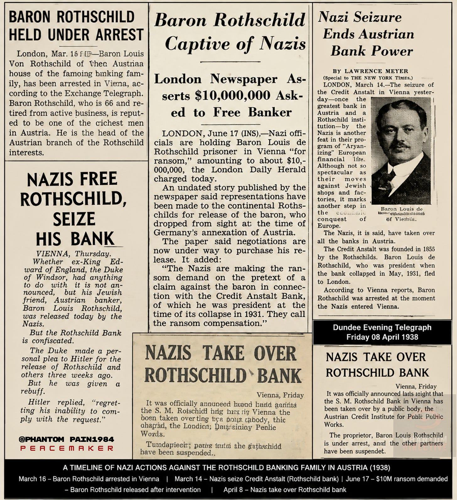 Contemporary newspaper reports documenting the 1938 arrest of Baron Louis de Rothschild, the seizure of Rothschild banking assets in Austria, ransom demands, and the Nazi takeover of the Rothschild banking network following Germany’s annexation of Austria in 1938.