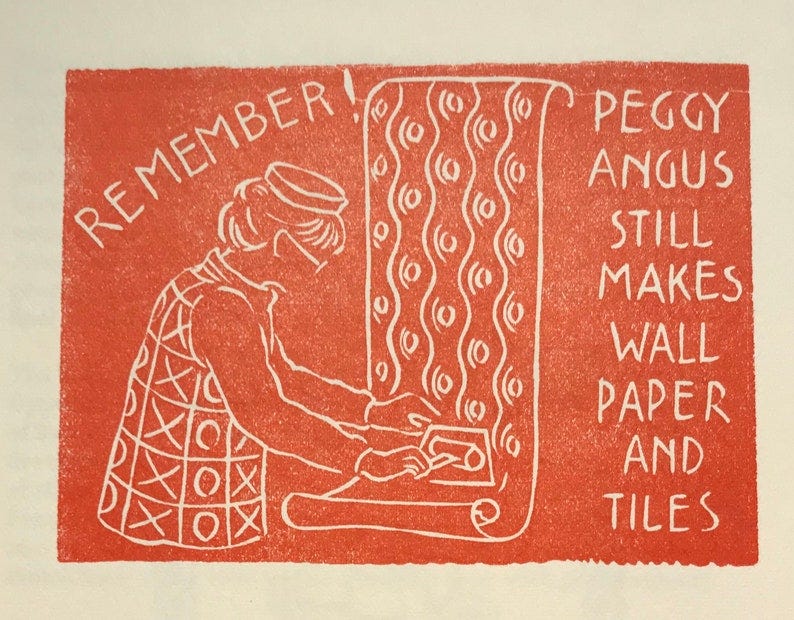 May include: A red illustration of a person with a checkered shirt and a hat, using a roller to apply wallpaper. The wallpaper has a wavy pattern. The text reads 'Remember! Peggy Angus still makes wallpaper and tiles.'