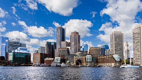 Three Boston Harbor scenes: downtown skyline, classic sailing yacht under clouds, and a dog on deck in a life vest