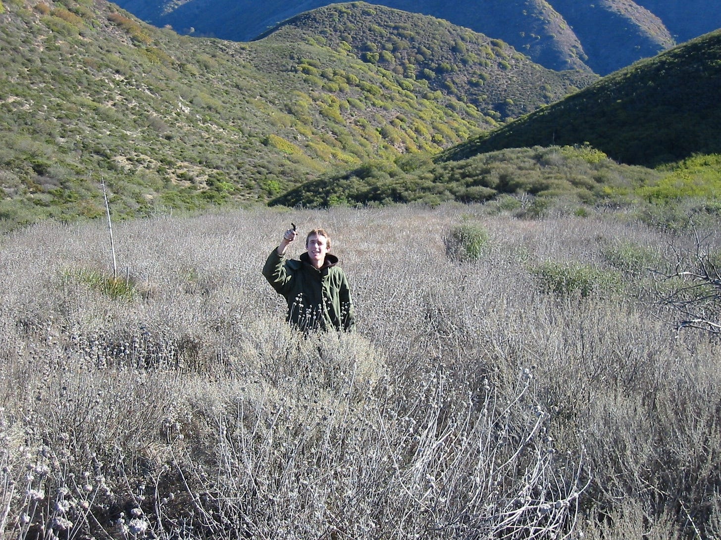 Me again standing in a sea of silvery vegetation, with olive green vegetation on the hills behind me. I'm holding what looks like coyote poop but it was actually a soil sample. Not pictured but still fresh in my mind: the amazing smell of crushed purple sage in the sun.