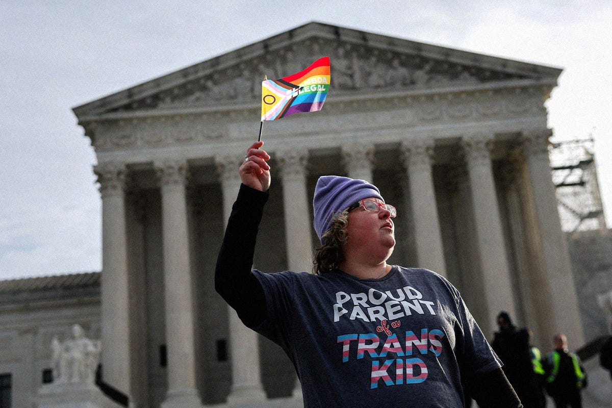  A transgender rights supporter takes part in a rally outside of the U.S. Supreme Court as the justices hear arguments in a case on transgender health rights on December 04, 2024 in Washington, DC.