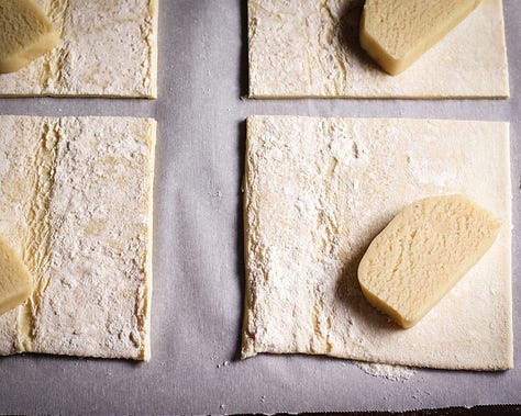 Step-by-step photos showing how to shape apple turnovers.