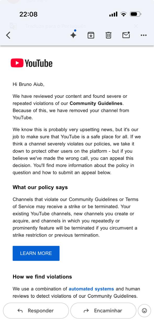 Emails do YouTube para Bruno Monark Aiub