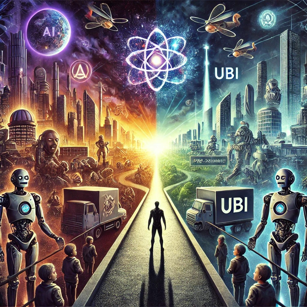 A thought-provoking digital painting depicting the battle between automation, Universal Basic Income (UBI), and the pre-singularity economy. On one side, a dark futuristic city where AI-controlled machines replace human workers, leading to mass unemployment and a dystopian elite rule. On the other side, a bright, hopeful society where AI empowers individuals, supporting creative and intellectual pursuits with UBI ensuring financial freedom. In the center, humanity stands at a crossroads, with one path leading to technological enslavement and the other to intellectual enlightenment and prosperity.