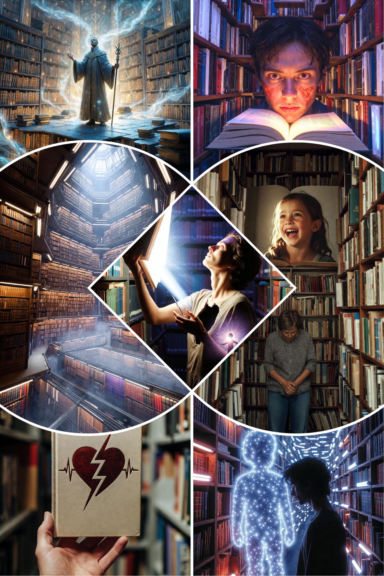 A woman's steady hand reaches out to touch a mysterious book in a dimly lit library, its cover textured like skin with a glowing sigil of a heart split by lightning, evoking tension and otherworldly pressure in The Library of Unwritten Futures.