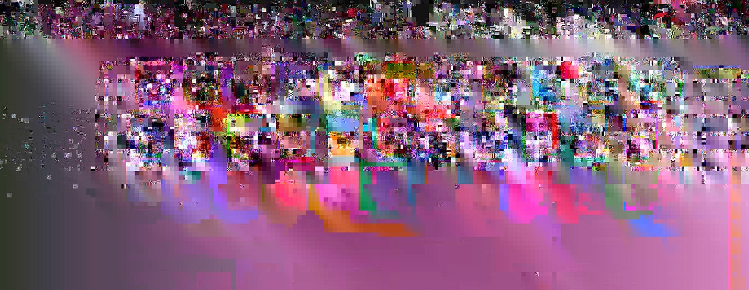 A cropped screenshot of severe glitching, pixelated and multicolored.