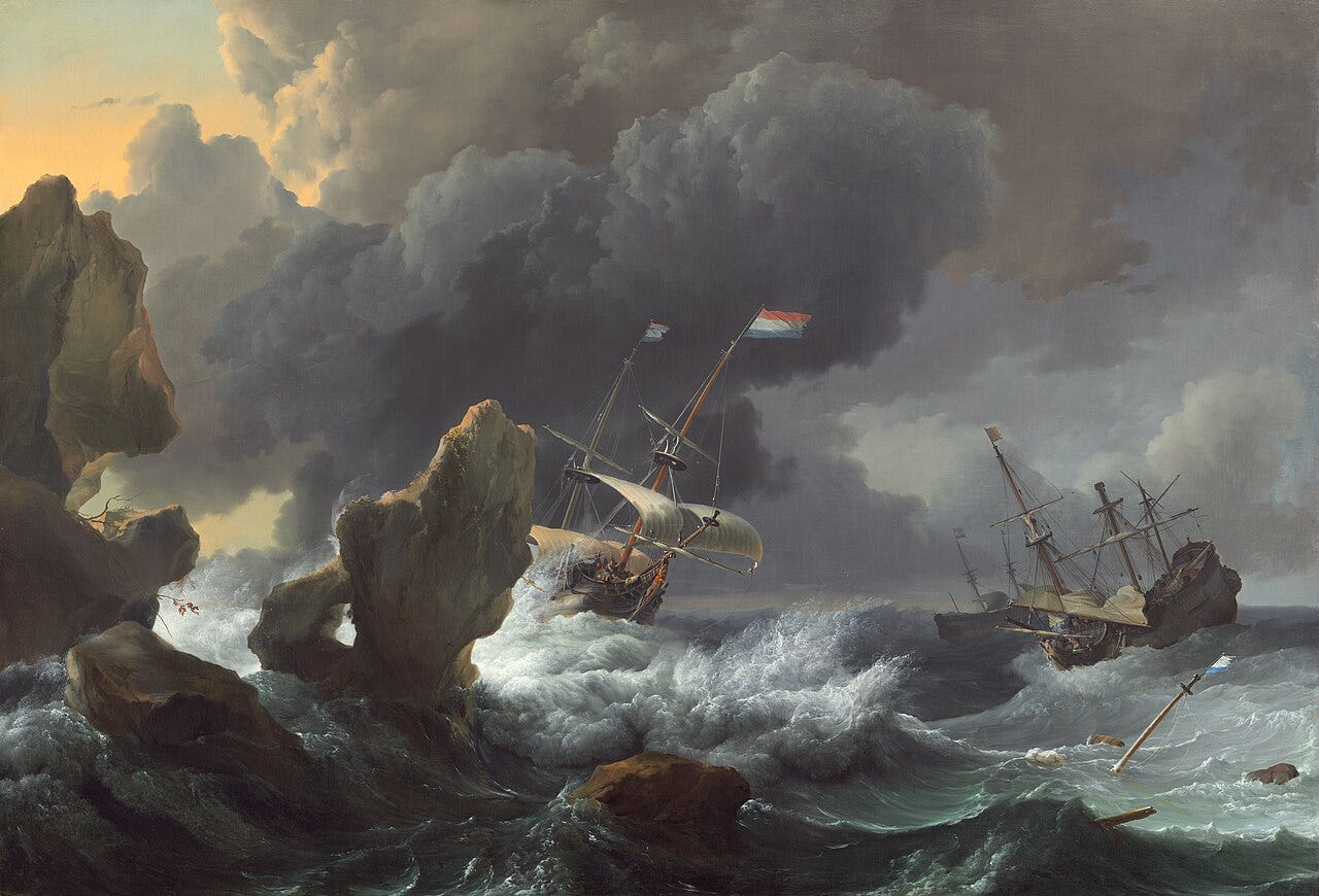 Sailing ships are driven toward jagged rocks by violent waves under a torn sky Sailing ships are driven toward jagged rocks by violent waves under a torn sky