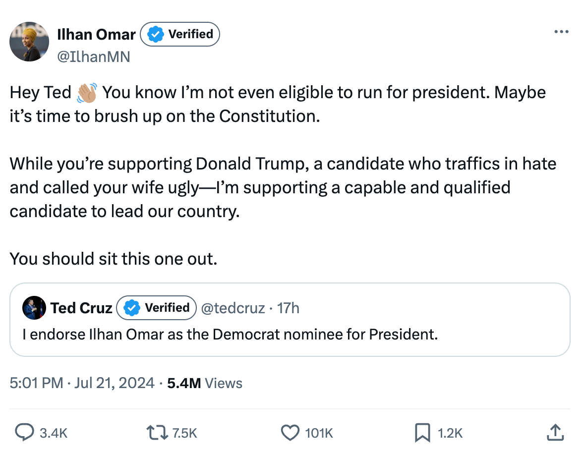 Hey Ted 👋🏽 You know I’m not even eligible to run for president. Maybe it’s time to brush up on the Constitution. While you’re supporting Donald Trump, a candidate who traffics in hate and called your wife ugly—I’m supporting a capable and qualified candidate to lead our country. You should sit this one out Hey Ted 👋🏽 You know I’m not even eligible to run for president. Maybe it’s time to brush up on the Constitution. While you’re supporting Donald Trump, a candidate who traffics in hate and called your wife ugly—I’m supporting a capable and qualified candidate to lead our country. You should sit this one out