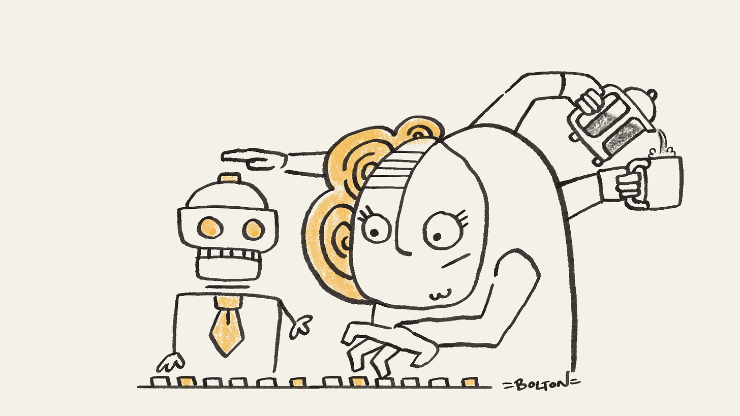 Hand-drawn worker types at a keyboard, pours coffee and presses a button on a small robot at the same time. Hand-drawn worker types at a keyboard, pours coffee and presses a button on a small robot at the same time.