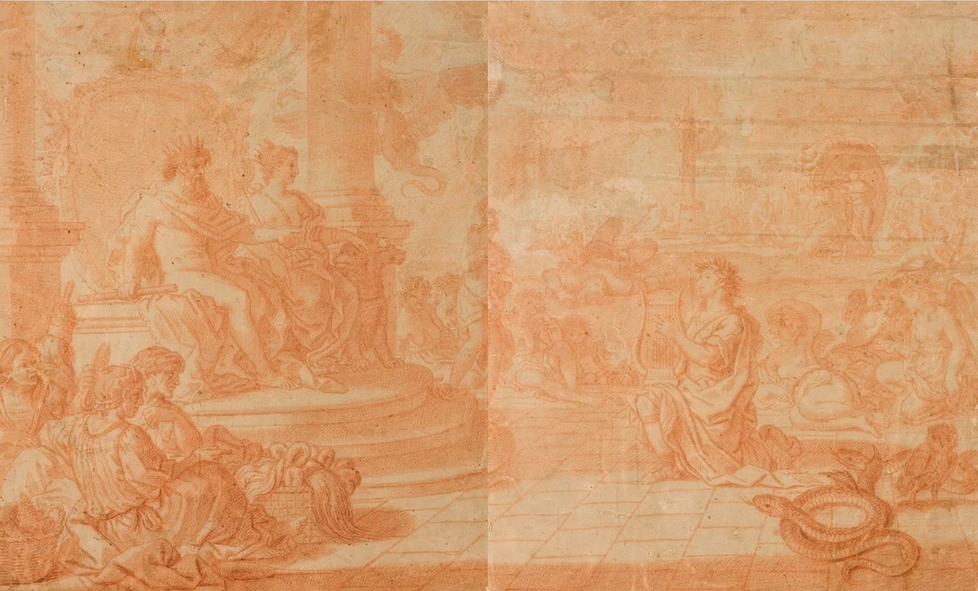 Apollo playing a lute before Jupiter and Juno