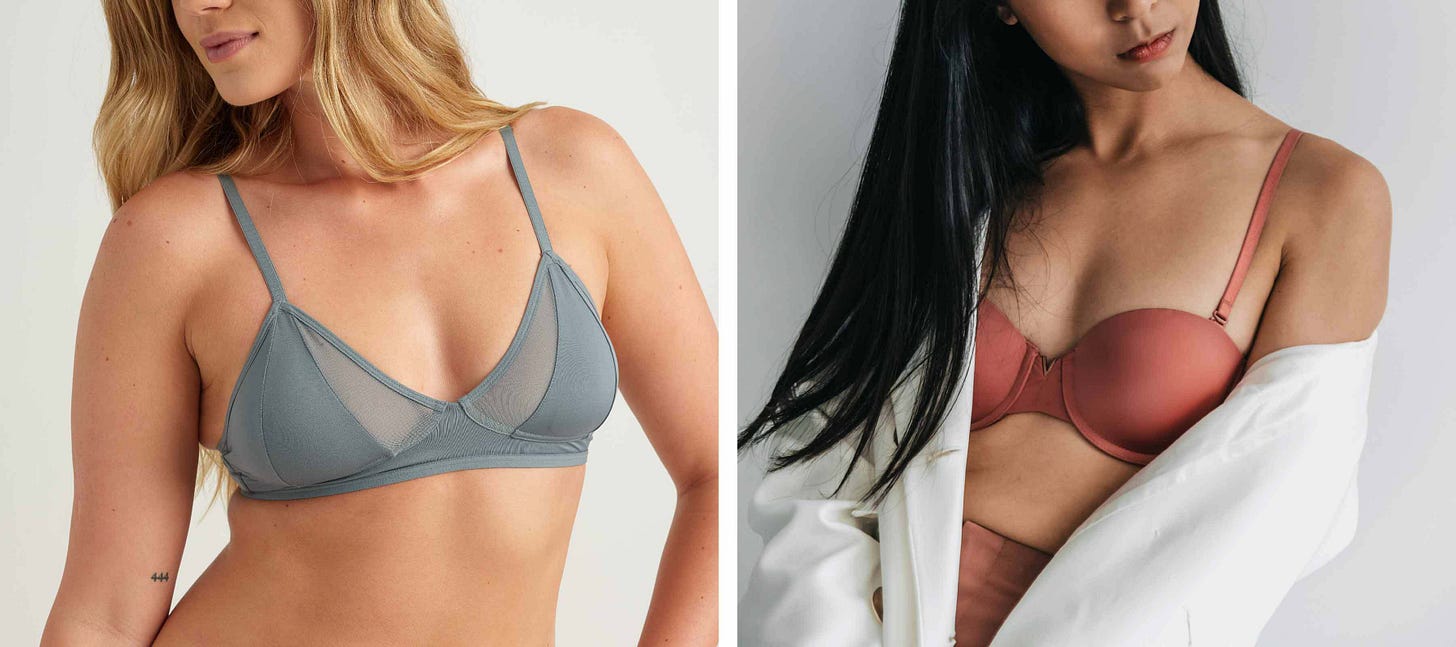 Side-by-side comparison of a stylish grey bralette and a supportive coral bra, showcasing different fit and support features.