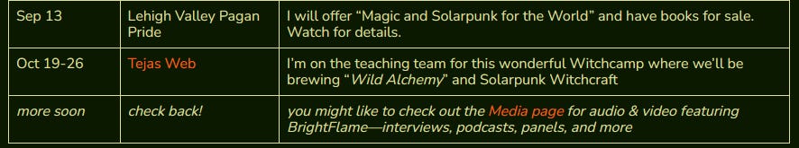 Sep 13	Lehigh Valley Pagan Pride	I will offer “Magic and Solarpunk for the World” and have books for sale. Watch for details. Oct 19-26	Tejas Web	I’m on the teaching team for this wonderful Witchcamp where we’ll be brewing “Wild Alchemy” and Solarpunk Witchcraft more soon	check back!	you might like to check out the Media page for audio & video featuring BrightFlame—interviews, podcasts, panels, and more 