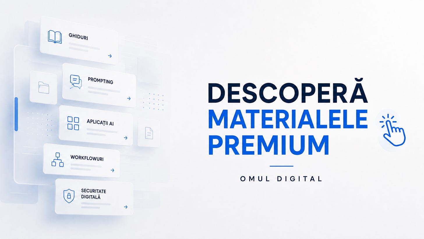 Imagine minimalistă cu fundal deschis, carduri digitale în partea stângă și text mare în partea dreaptă: „DESCOPERĂ RESURSELE”, urmat de „OMUL DIGITAL”, plus o iconiță de click care sugerează accesarea resurselor.