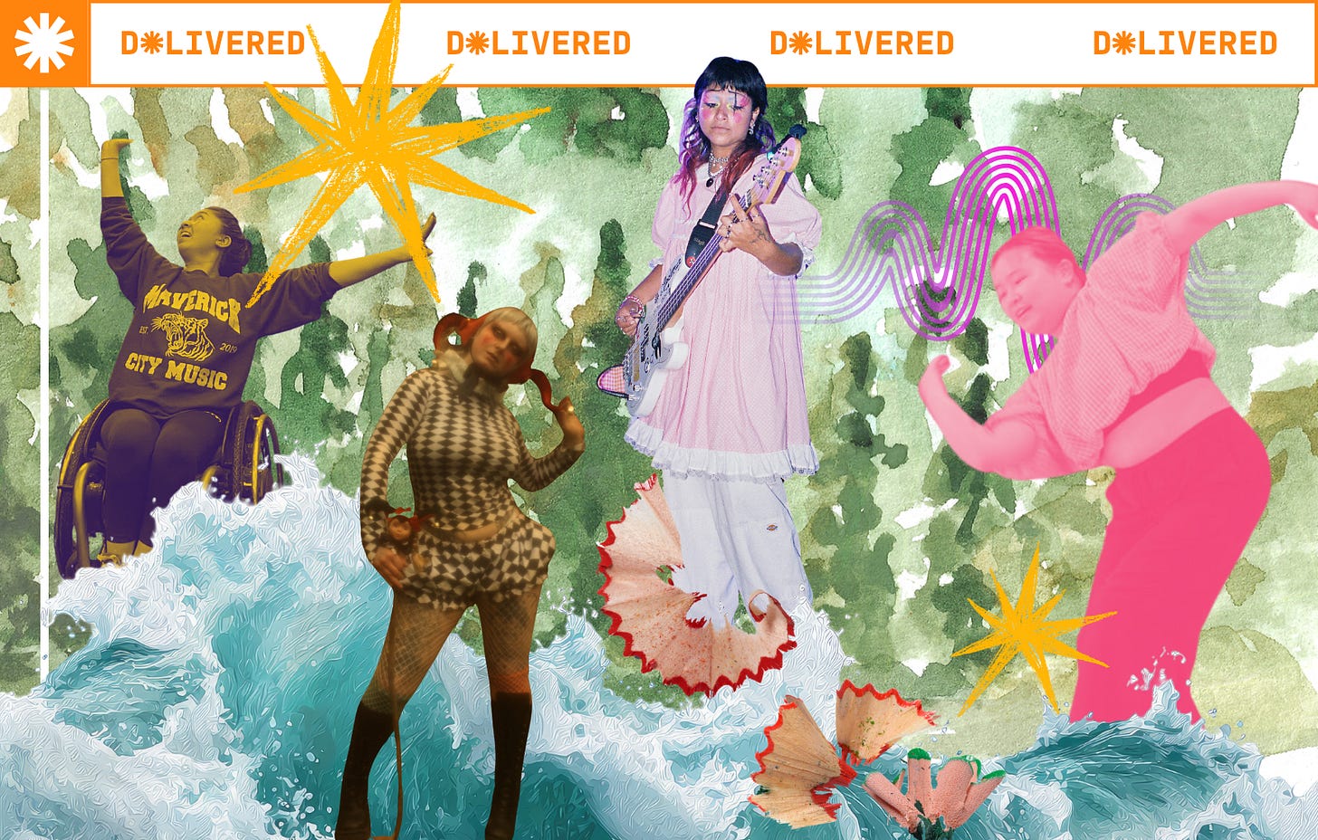 Colourful cutout images of Olivia, Von, Mili and Eda doing playful activities in front of a ocean wave and watercolour forest background. There are scribbly golden stars and pencil shavings between the elements Colourful cutout images of Olivia, Von, Mili and Eda doing playful activities in front of a ocean wave and watercolour forest background. There are scribbly golden stars and pencil shavings between the elements