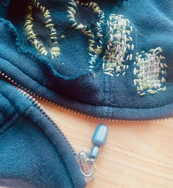 photo of a mend-in-progress on a hoodie photo of a mend-in-progress on a hoodie