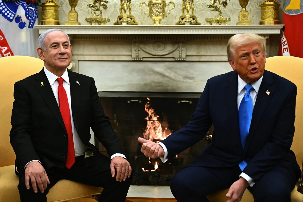 trump on the right, sitting next to a grinning Netanyahu, left, in the Oval Office