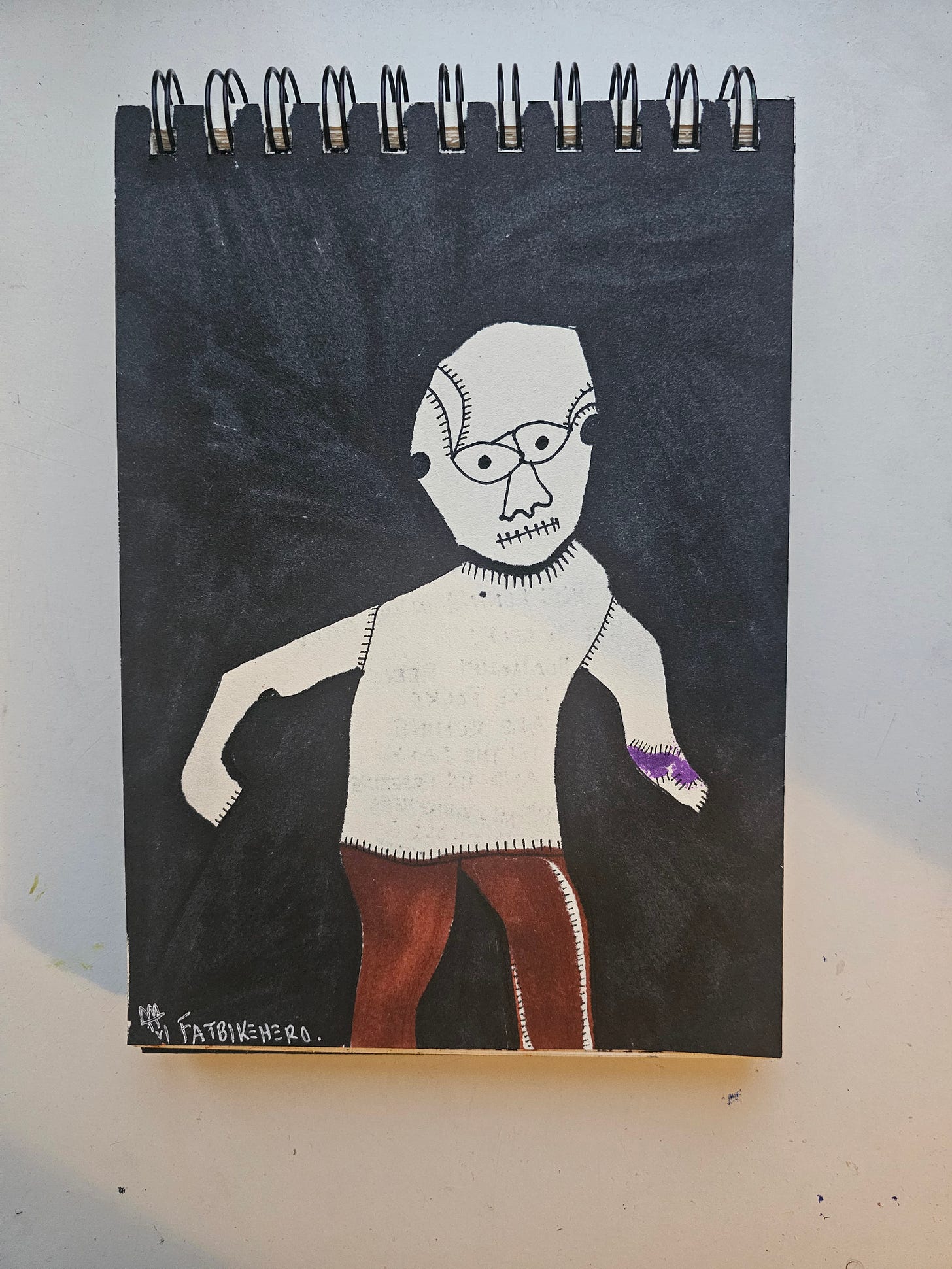 Alt Text: A marker drawing by Fatbikehero showing a pale figure with stitched skin standing in a black void. The figure wears glasses and has a purple, jagged stump for a left hand. The contrast suggests a harsh, cold environment. Alt Text: A marker drawing by Fatbikehero showing a pale figure with stitched skin standing in a black void. The figure wears glasses and has a purple, jagged stump for a left hand. The contrast suggests a harsh, cold environment.
