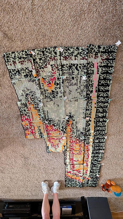 Three images showing the progress of the tapestry, including a yarn inventory list and stitch count